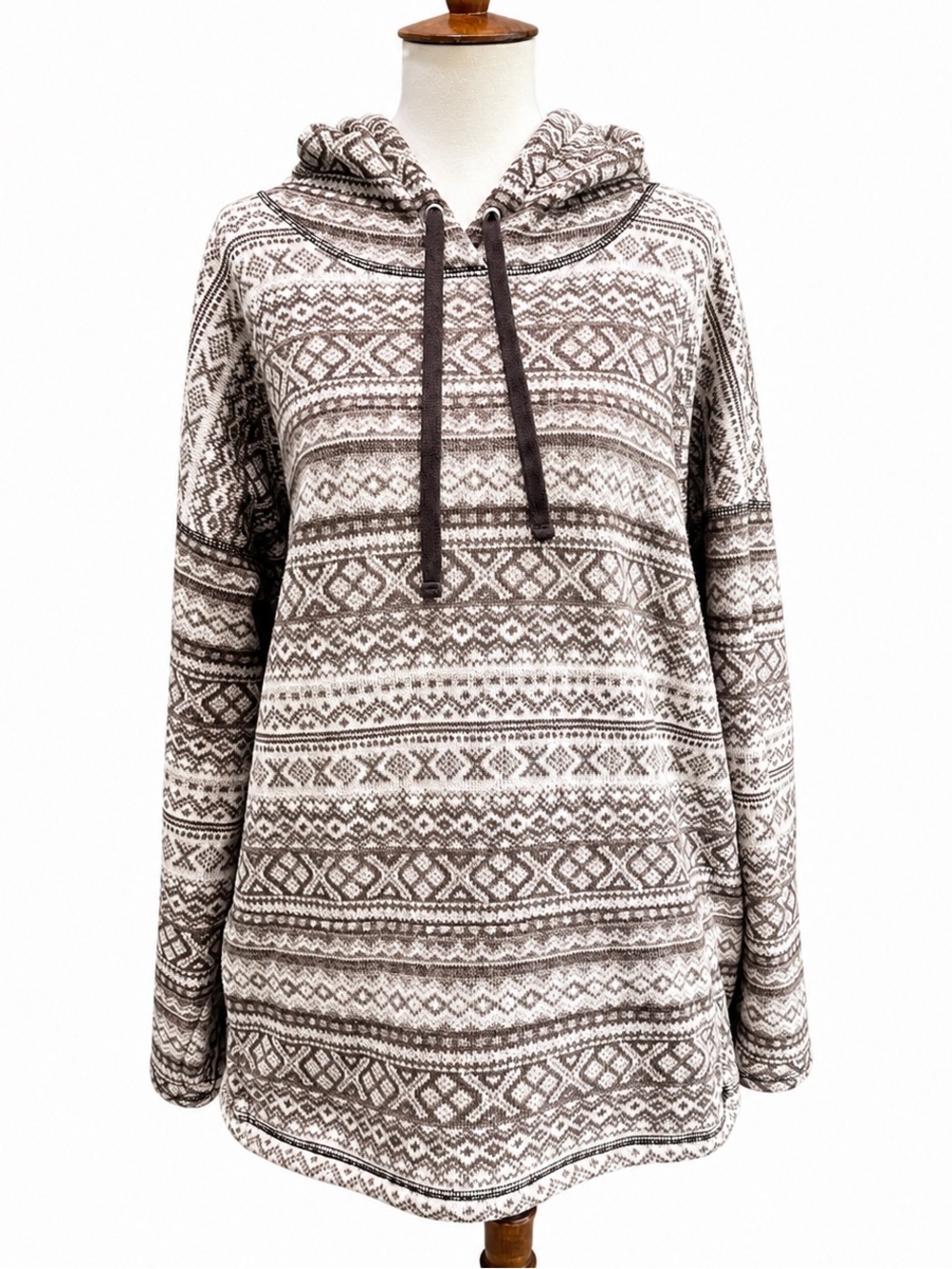 L-RL Lauren Active Cozy Patterned Hooded Pullover Sweater - Brown & Cream 2X